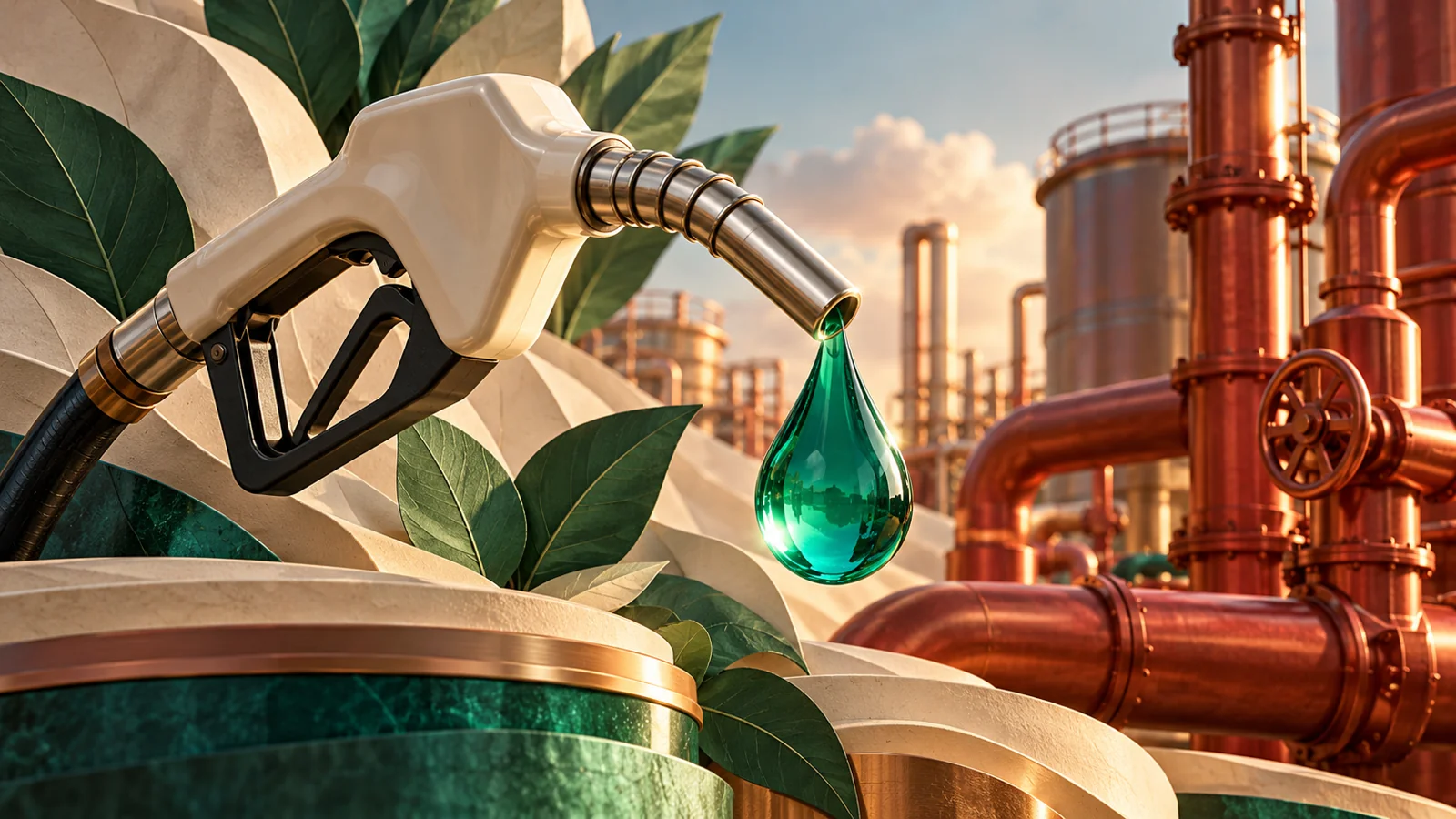 Conceptual fuel nozzle, glass droplet, leaves and industrial pipework; editorial illustration, not event photography