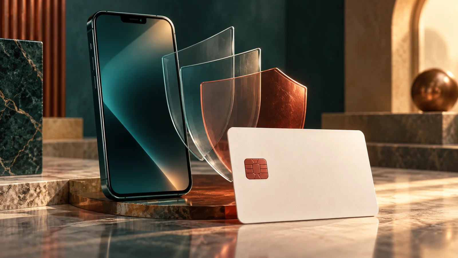 Conceptual smartphone, blank credential card and layered privacy shields; editorial illustration, not event photography