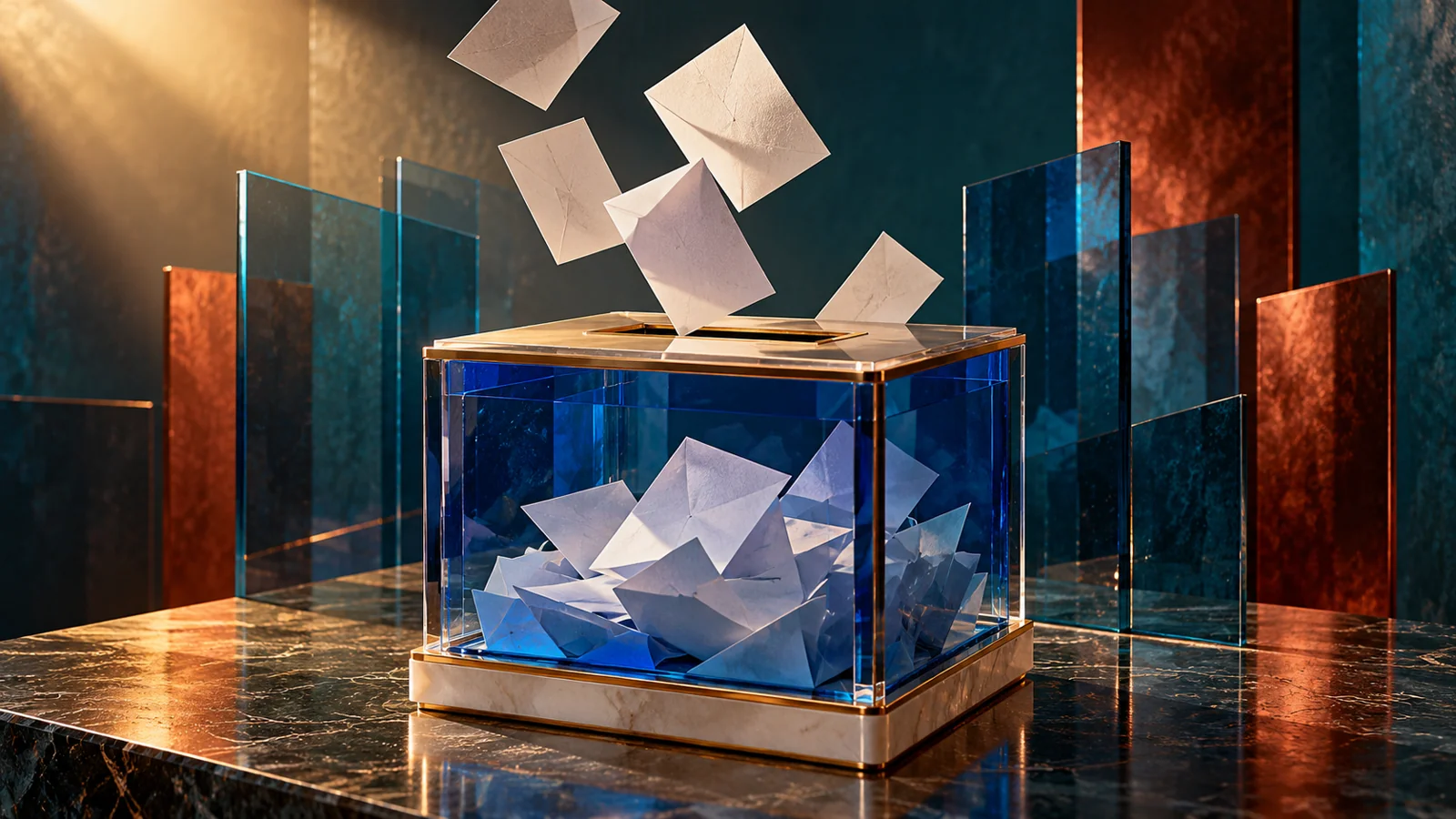 Conceptual blue-glass ballot box and blank paper ballots representing an unresolved election count; editorial illustration, not event photography