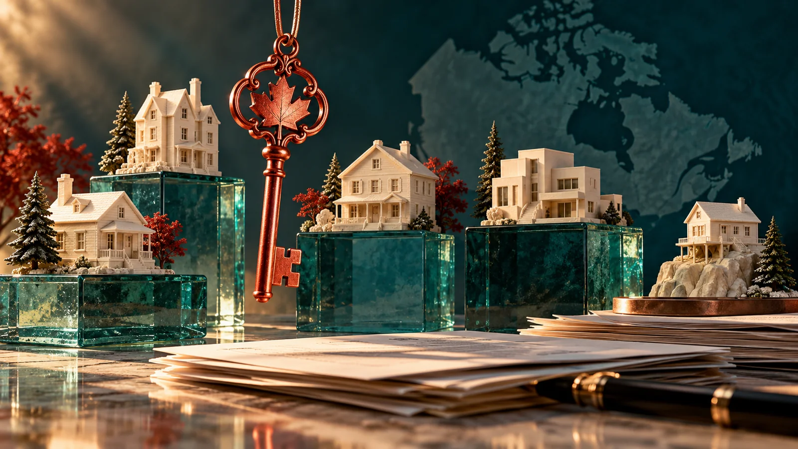 Conceptual miniature homes on different levels with a suspended copper key; editorial illustration, not event photography