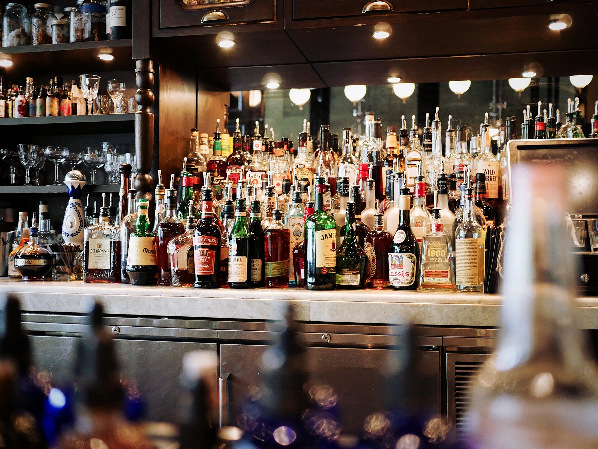 Shelves behind the bar at a Toronto restaurant.