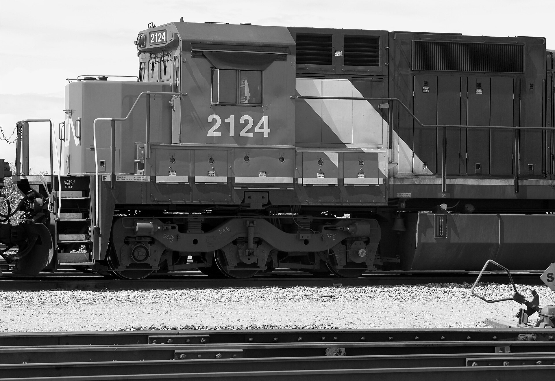 A Canadian National locomotive on the causeway to the Roberts Bank coal and container terminal.