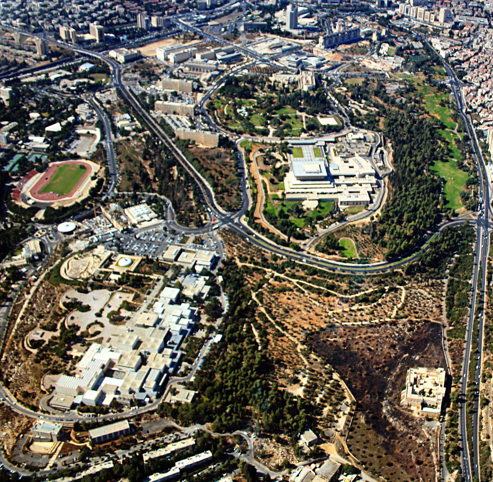Aerial view of Jerusalem government precinct, including Israel's Knesset.