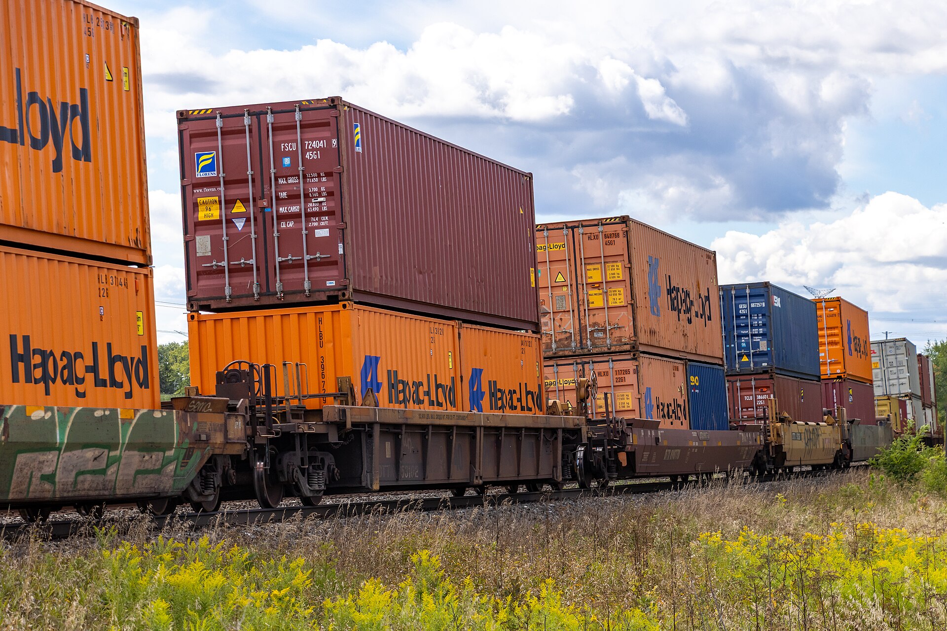 CN freight train carrying intermodal shipping containers in Ontario