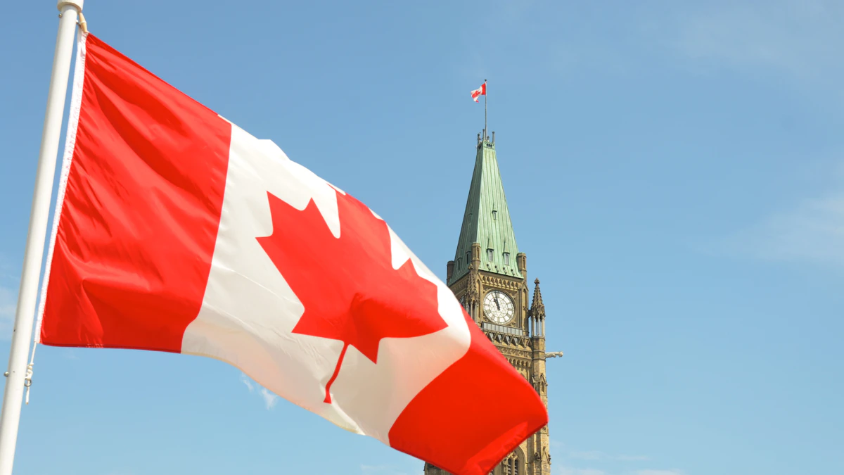 Canadian flag before the Peace Tower on Parliament Hill in Ottawa