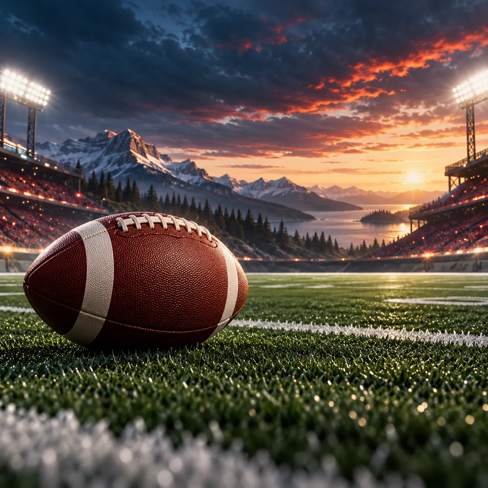 Conceptual Canadian football illustration of a football on the field beneath stadium lights; not a game photograph.