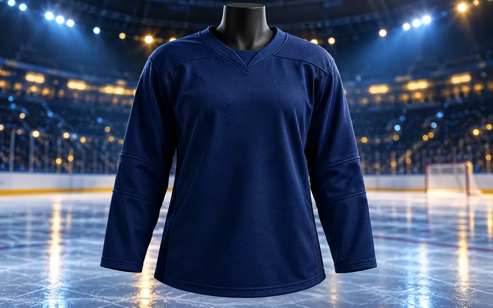 Conceptual women’s hockey illustration of an unbranded navy jersey displayed in an arena; not an official team uniform.