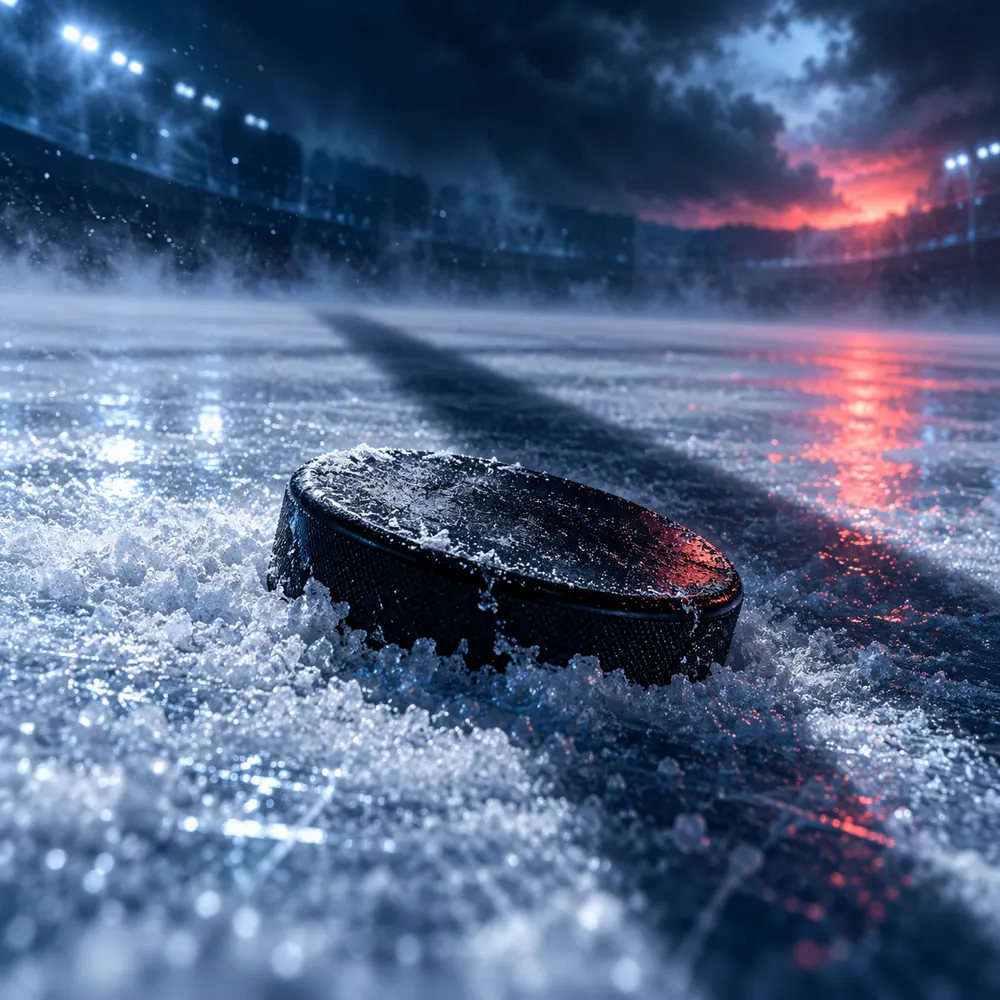 Conceptual hockey illustration of a puck on a blue-lit sheet of ice; not a game photograph.