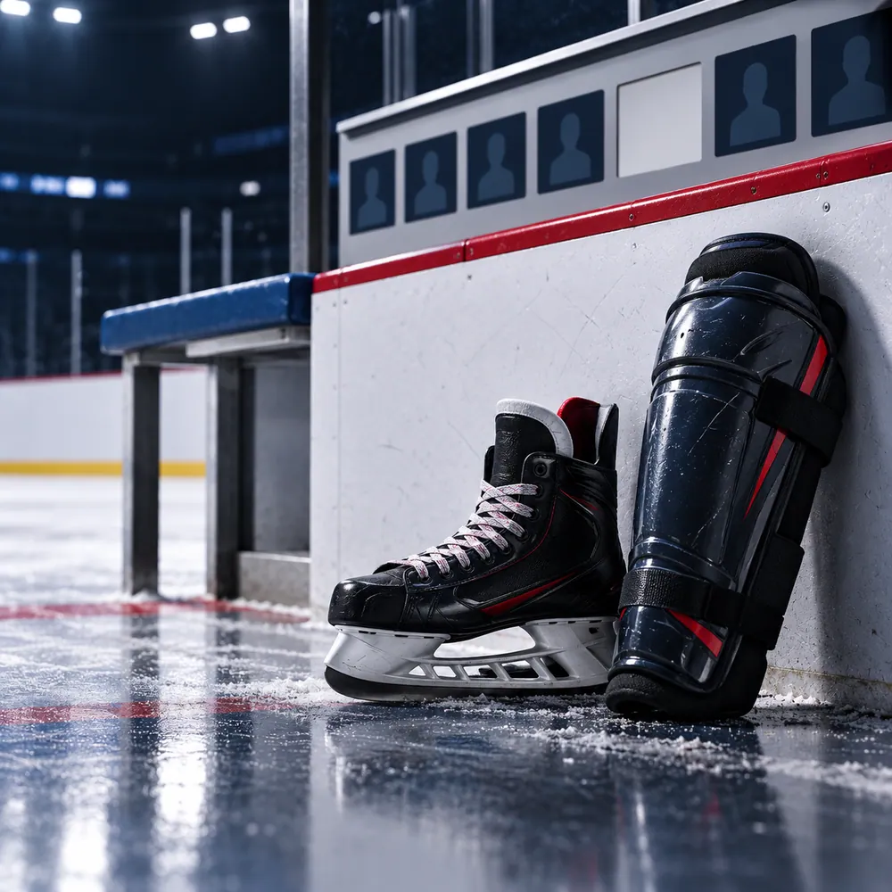 Conceptual hockey illustration of a skate and shin guard on the rink; not a photograph of the reported injury.