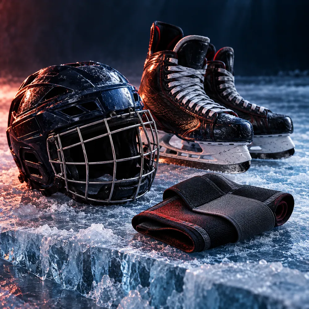 Conceptual hockey illustration: skates, helmet and protective gear arranged on a rink bench; not a photograph of the reported injury.