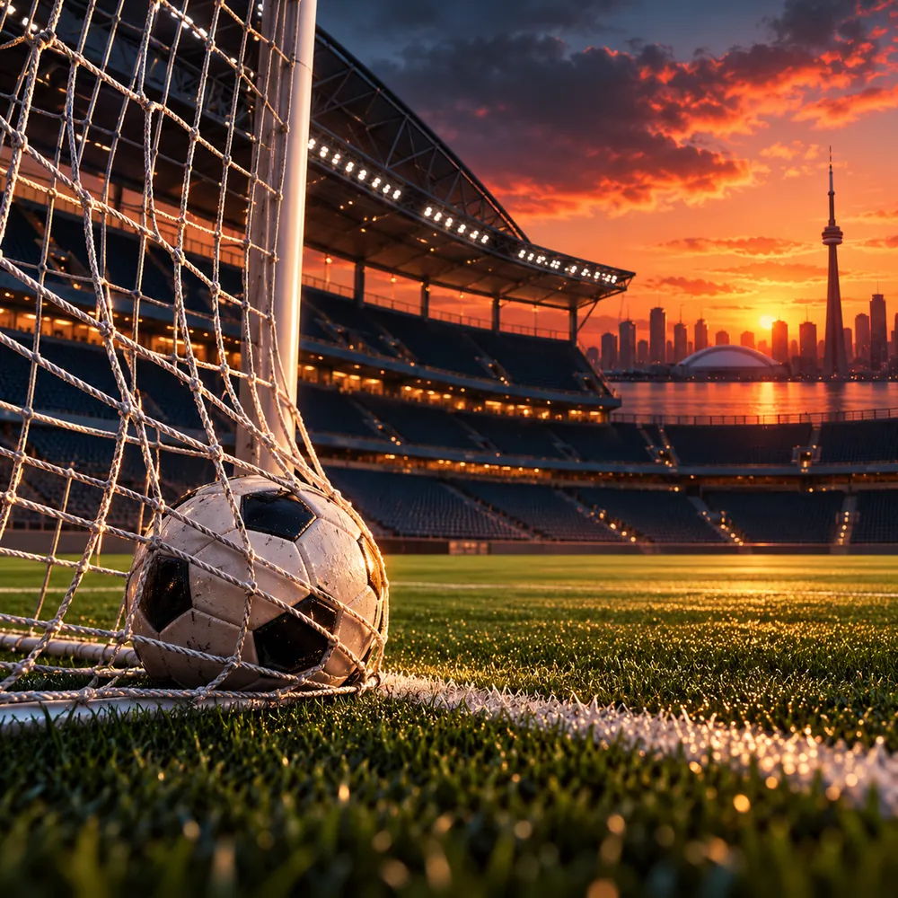 Conceptual soccer illustration of a ball at the goal net in a Toronto stadium at sunset; not a game photograph.