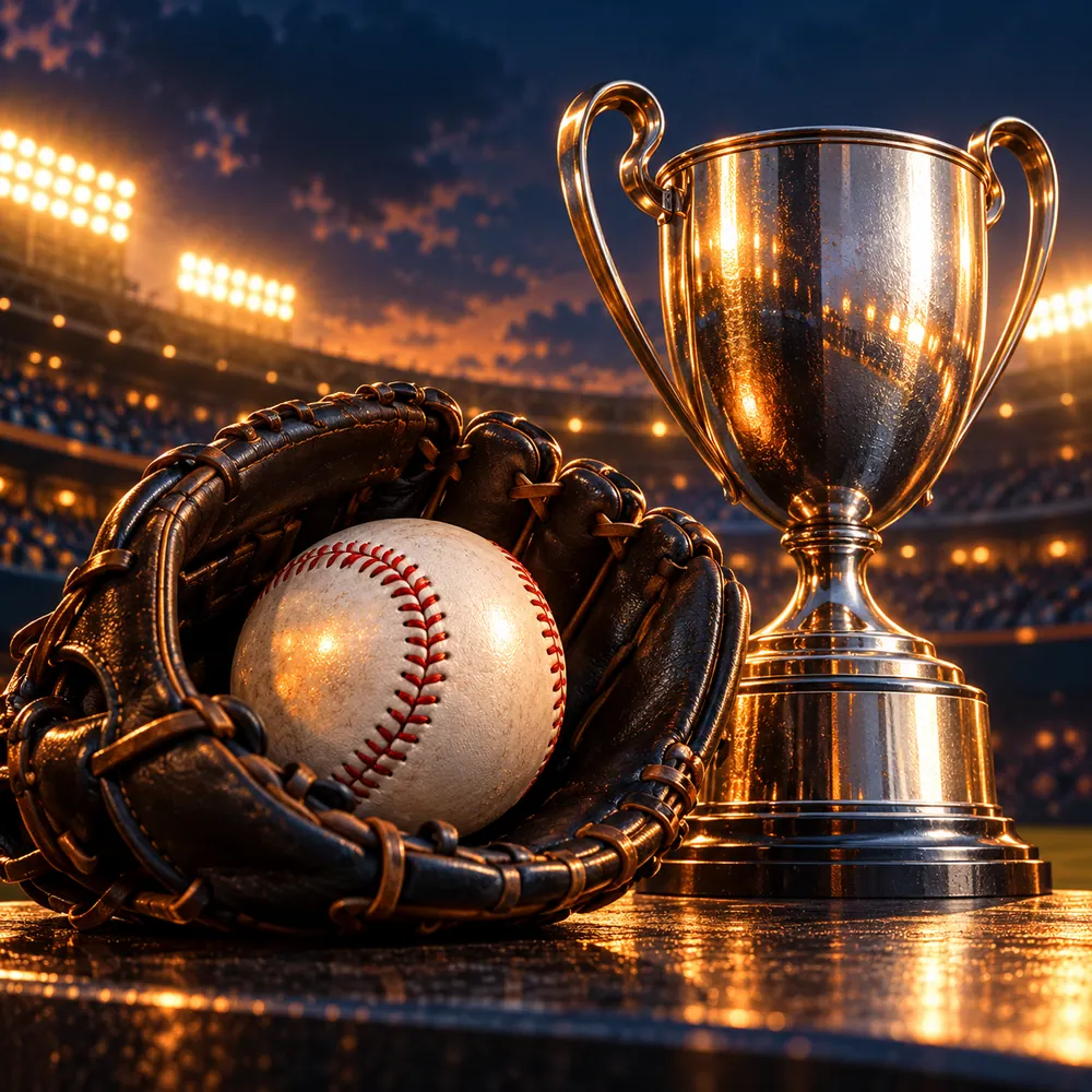 Conceptual baseball illustration of a ball, glove and championship cup under stadium lights; not a game photograph.